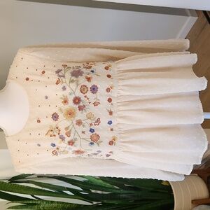 Skylar & Jade Cream Embroidered Swiss Dot Tie Back Peplum Babydoll Blouse L